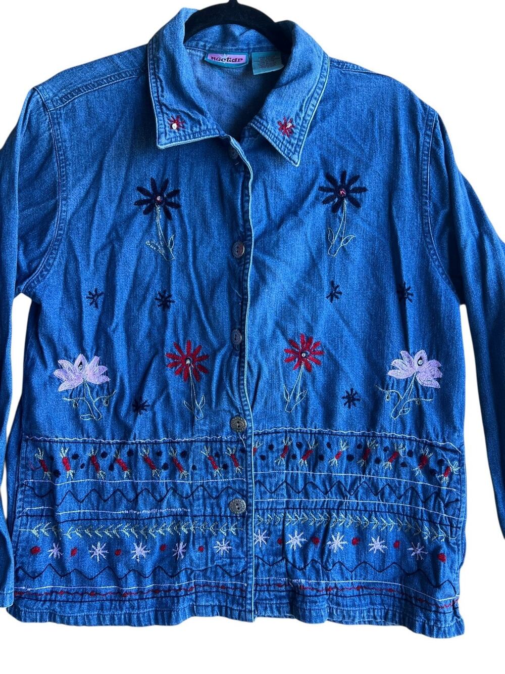 Nectar Women's Vintage Floral Embroidery Denim Jacket Button Up Size Large